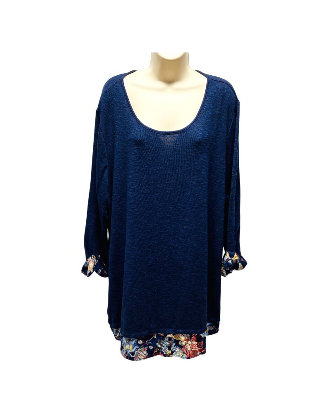 Catherines 2X Plus Size Blue Tunic 7/8" Sleeve Top With Floral Accents
